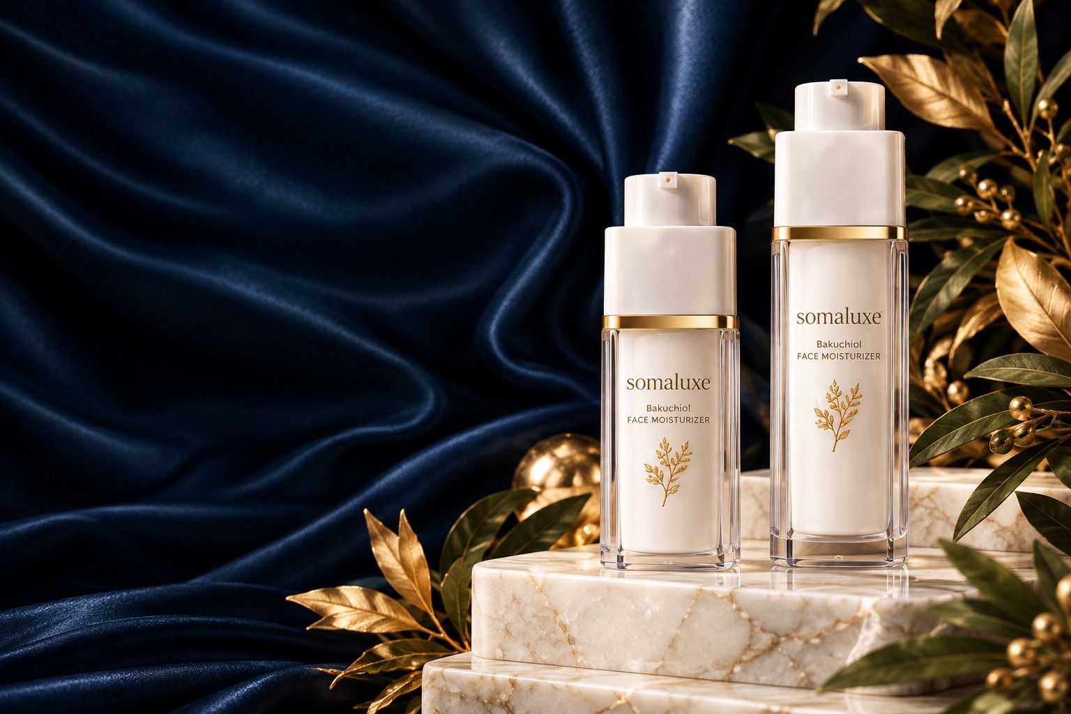 SOMALUXE concept bottles with gold accents on marble, framed by navy satin and leaves