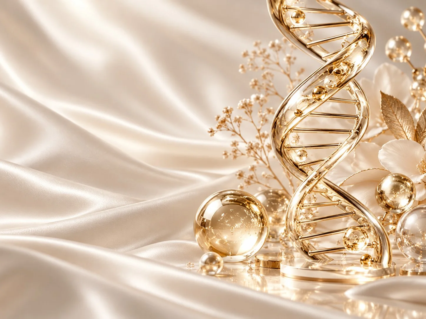 Decorative golden helix sculpture on pearl satin