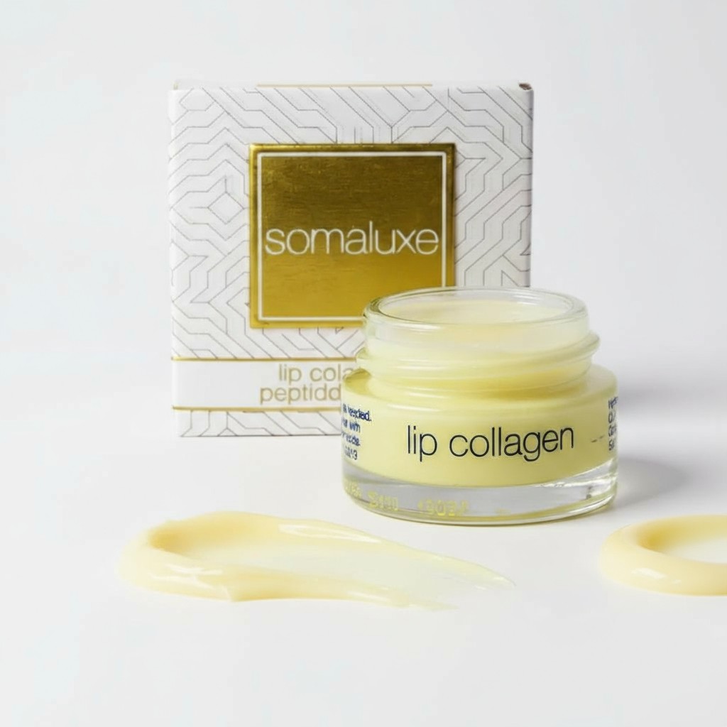 Somaluxe Lip Collagen open jar with its white and gold box