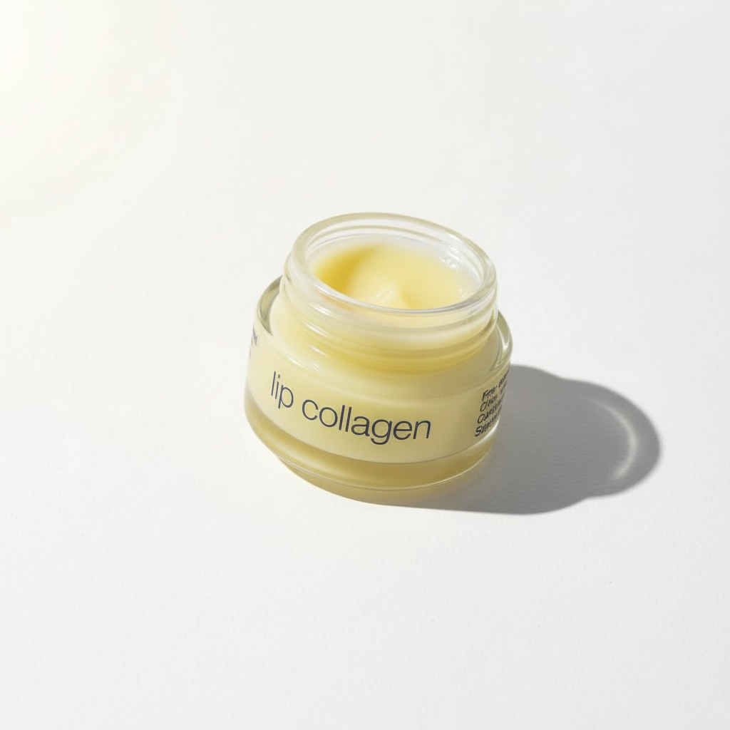 Somaluxe Lip Collagen balm in an open glass jar